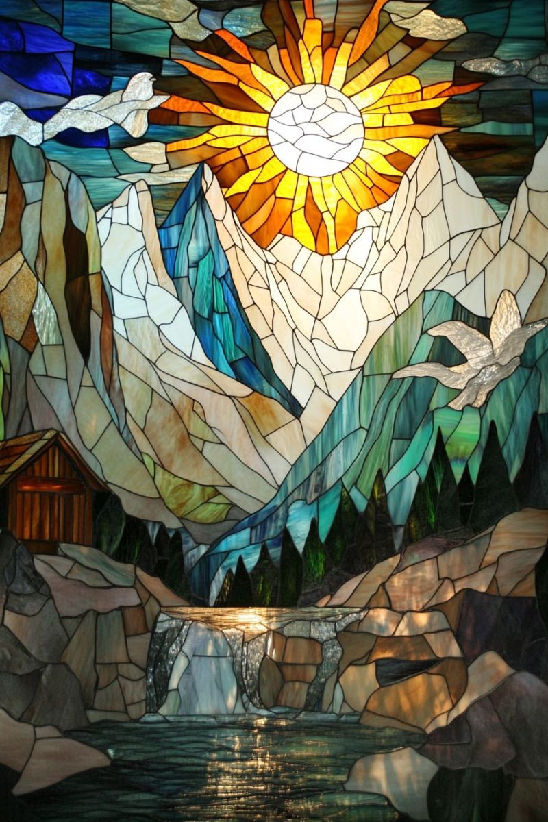 Mosaique verrecolore panorama montagnes nuages soleil oiseaux rivieres cascades cabane foret fenetre artisanat decoration verre decoratif religieux Une fenêtre de verre coloré représentant une scène paysagère naturelle. Au sommet de la fenêtre, il y a un soleil brillant avec des rayons s'étendant à l'extérieur. En bas du soleil, il y a une chaîne de montagnes, avec un sommet qui se élève plus haut que les autres. À droite des montagnes, il y a une zone d'air ouvert remplie de nuages et quelques oiseaux en vol. Au foreground, il y a une représentation stylisée d'un corps d'eau avec des ondulations et certaines feuilles flottantes. Un petit bateau à rames est visible sur la surface de l'eau. Les couleurs utilisées sont vives et diverses, avec des bleus pour l'eau, des verts pour le paysage, des jaunes et des oranges pour l'effet de coucher du soleil et différentes nuances pour le verre coloré. Le fond est composé d'un ciel sombre qui se transitionne vers la lumière comme on regarde vers la partie supérieure droite de la fenêtre. Il n'y a aucune écriture visible sur l'image. L'artiste utilise un style qui évoque une scène fantastique, possiblement inspirée de la nature ou de contes de fées.