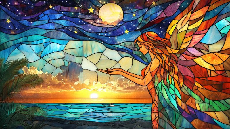 Artiste fenetre vitraux ange femme lune plage coucher soleil ciel eau arc craftsmanship mosaique verre artisan decoratif soiree nocturne sombre brilla L'image présente une fenêtre de verre colorée et vibrante, qui feuillette une figure féminine aux cheveux longs, semblable à flotter sur la jambe droite de l'image. Elle tient ce qui semble être un fleur. À gauche, il y a un homme avec une barbe et un chapeau, également représenté en verre coloré. Le fond est composé d'une scène de coucher du soleil avec des palmiers, un corps d'eau et un paysage qui suggère une île ou une zone côtière. Au-dessus, il y a un ciel nocturne clair avec des étoiles. L'oeuvre d'art a une qualité rêvissante, presque fantastique.
