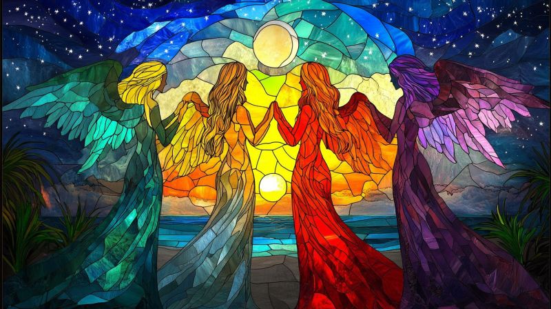 Glace multicolore fantastique mosaic angelique feminin ciel angleterre arc mains prient mural religieux fenetres colorees vitraux temp Une fenêtre de verre tintée qui capture l'essence d'une scène. Elle présente quatre figures centrales, chacune uniquement ornée de éléments en plume sur la tête, lui donnant une apparence angelique. Ces figures se trouvent dans une formation en demi-cercle, deux à gauche et deux à droite. Elles sont placées contre un fond qui transitionne du bleu profond au haut à l'orange chaud au bas, suggérant un coucher de soleil ou un aurore. Au centre de la composition, il y a une motif circulaire avec des couleurs se radiant à l'extérieur, ce qui pourrait être interprété comme une aurore ou une couronne. L'ensemble du design est détaillé et artistique, avec un évident accent sur le coloris et la lumière. Il n'y a pas de texte présent dans l'image pour apporter un contexte supplémentaire ou des informations.