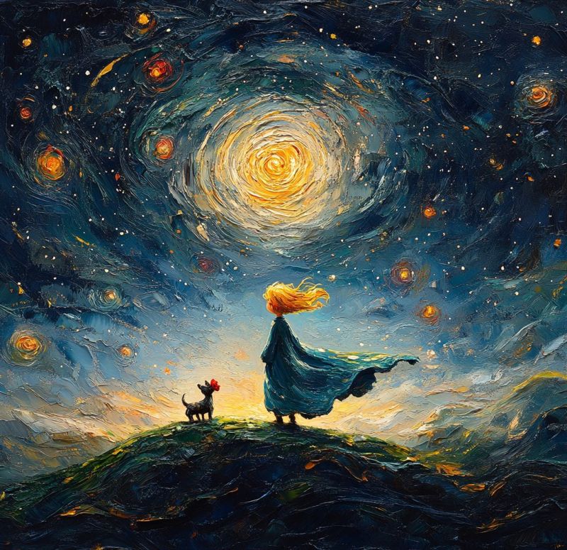 Etoiles soleil fille chien imagination fantaisie reve inspiration creativite impressionnisme expressionnisme nuit ciel pinceau coups huile moderne con Dans le tableau, une jeune fille aux longs cheveux blonds ondulant se tient sur une colline sous un ciel de nuit vibrant. Elle porte une robe bleue qui flotte autour d'elle, et elle regarde le ciel avec émerveillement. À côté d'elle, un petit chien noir avec une fleur rouge dans la gueule la regarde. Le ciel est d'un bleu profond, rempli de motifs tourbillonnants d'étoiles et d'un grand soleil brillant au centre, entouré de plus petites étoiles et galaxies. Le fond est un mélange de bleus, jaunes et rouges, créant une atmosphère rêveuse et magique.