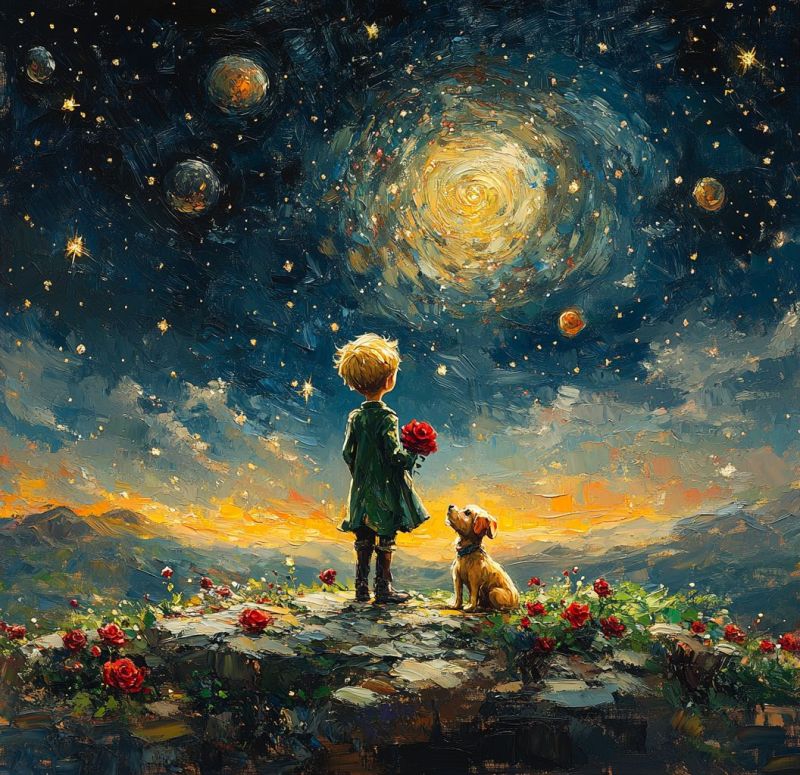 Garcon chien rose nuit ciel fleurs montagnes etoiles univers cosmos espace planetes coucher soleil fantaisie imagination reve Dans le tableau, un jeune garçon se tient sur un affleurement rocheux, contemplant un ciel de nuit vibrant rempli d'étoiles et de planètes. Il tient une seule rose rouge dans sa main, et à côté de lui est assis un golden retriever, le regardant avec curiosité. Le ciel est d'un bleu profond, avec des motifs tourbillonnants de jaune et de blanc qui suggèrent une galaxie ou une nébuleuse. L'horizon est peint de teintes chaudes d'orange et de rose, indiquant soit un coucher de soleil, soit un lever de soleil. Le premier plan est orné de roses rouges, ajoutant une touche de couleur au terrain rocheux. La scène globale évoque un sentiment d'émerveillement et de tranquillité, le garçon et le chien se tenant comme un symbole d'innocence et de compagnie sous le vaste ciel mystérieux.