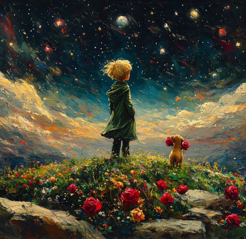 Etoiles planetes fleurs roses enfant chien imagination fantaisie onirique univers nature beaute nuit ciel huile pinceau coups espace Dans le tableau, un jeune garçon aux cheveux blonds se tient sur une colline herbeuse, regardant un ciel de nuit vibrant rempli d'étoiles, de planètes et de galaxies. Il porte un imperméable vert et se tient à côté d'un petit chien brun tenant un bouquet de roses rouges. La colline est ornée d'une variété de fleurs colorées, y compris des roses rouges, des fleurs jaunes et orange. Le ciel passe du bleu profond à un mélange de teintes orange et roses, suggérant soit l'aube, soit le crépuscule. La scène est peinte avec une qualité rêveuse, presque surréaliste, capturant un moment de merveille et d'exploration.
