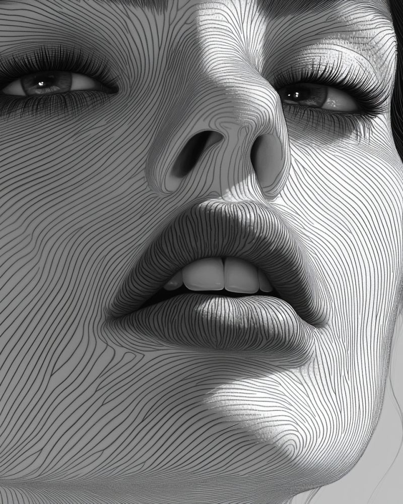 Visage Gros plan du visage d'une femme en noir et blanc. Son visage est orné de lignes complexes et tourbillonnantes qui imitent la texture du grain du bois, créant un effet unique et artistique. Ses yeux sont en forme d'amande, avec de longs cils épais qui encadrent son regard. Les lignes autour de ses yeux et de sa bouche sont particulièrement détaillées, soulignant les contours de son visage. Ses lèvres sont légèrement entrouvertes, laissant entrevoir un aperçu de ses dents, et son nez est subtilement défini. L'effet global est à la fois réaliste et stylisé, donnant l'impression d'un portrait transformé en une oeuvre d'art abstraite
