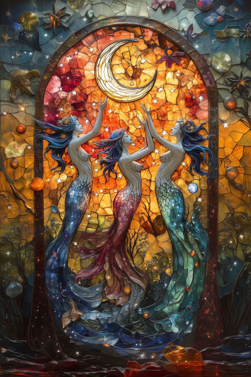 Verre eclate fantastique mermaid sous marin nouveau ciel nocturne lune conte fees fenetre creature mythique main La fenêtre en verre coloré qui présente une oeuvre d'art vibrante et détaillée. Elle représente deux sirènes dans un style stylisé, l'une debout à gauche de l'arcade tenant ce qu'on pourrait penser être la lune dans sa main, tandis que l'autre se trouve à droite avec une coquille. Les sirènes ont des cheveux enroulés et sont parée d'accessoires qui renforcent leur design fantastique. Le fond de la fenêtre est rempli de couleurs et de dessins, notamment des étoiles et ce qu'on pourrait penser être des fleurs ou des feuilles, ce qui contribue à la thème magique de l'oeuvre d'art. La technique du verre coloré met en valeur le craftsmanship avec ses tons lumineux et ses motifs intriqués.