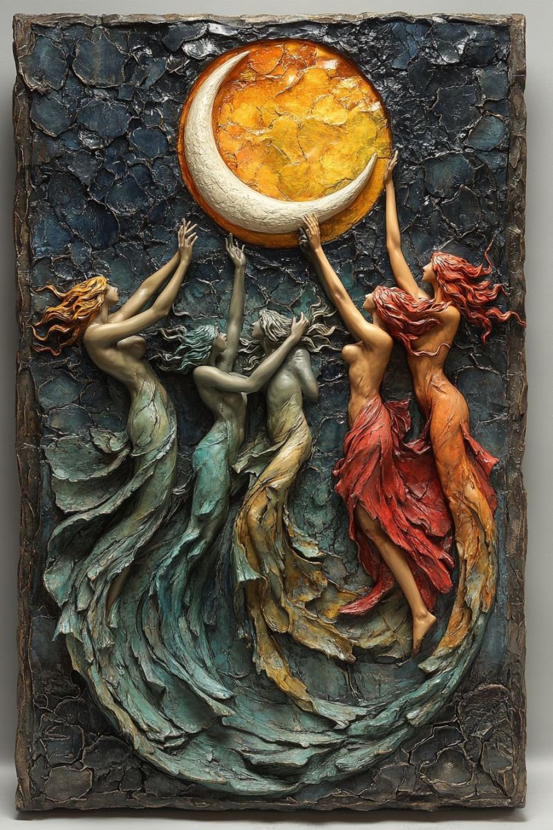 Fantasy feminin lune etoiles ondes mer femme tenant surrealiste decoration manteau tapisserie mur figurine mythologique Une tapisserie qui présente une peinture stylisée de trois figures, chacune avec des cheveux enflammés. La figure centrale semble saisir le soleil, qui brille éclatant et projeté sur leurs visages. Les figures sont disposées contre un fond sombre aux ondulations et aux volutes qui donnent l'impression de l'eau. Le palette de couleurs est réduite avec les bleus dominantes qui confèrent une qualité éthérée à la pièce. Il y a des touches de rouge et d'orange sur les cheveux des figures, qui se détachent contre les tons plus froids. Soleil lui-même a un ton doré, ajoutant de la chaleur à la composition. Le style de la peinture est très stylisé avec des lignes et des formes exagérées qui suggèrent le mouvement. Les éléments du fond sont abstraits et semblent améliorer l'effet étrange, une de la pièce. La peinture semble être faite d'un matériau métallique, lui conférant un aspect vieillissant ou antique.