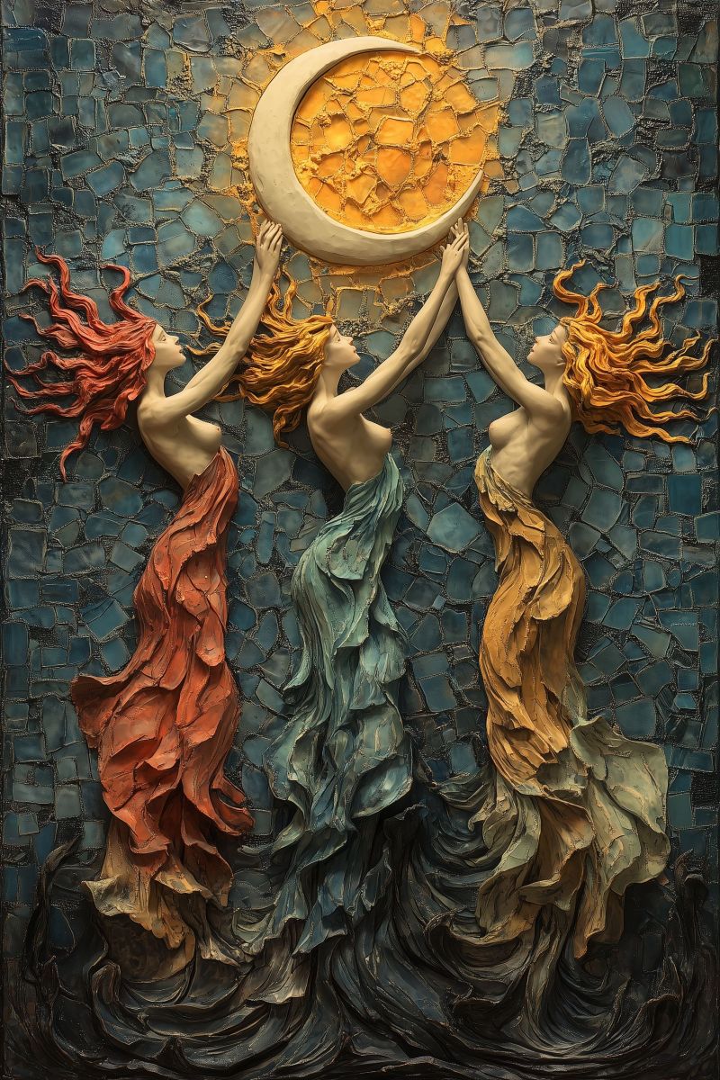 Oeuvre lune etoiles fantasy histoire mythologique femme emotion vagues mer reve magique Un morceau d'art stylisé sous forme de tapisserie ou de paroi décorative. Il présente deux figures centrales, dont l'apparence femelle, avec des cheveux ondulants et des vêtements en mouvement. Elles sont rendues dans des couleurs chaleureuses, principalement des teintes de roux, d'orange, jaune et vert, ce qui donne au tableau une qualité éthérée. Les figures ont un design abstrait, avec des formes exagérées qui suggèrent la movement ou le danse. Le fond est rempli de ce qui semble être un paysage marin stylisé, avec des vagues dans la même palette chromatique que les figures. Au-dessus des figures flotte une grande pleine lune, qui éclaire avec une lumière douce et est accompagnée de nuages ou de brume en mouvement. La couleur de la lune est une crème blanche, ce qui contraste avec le ciel et les nuages autour d'elle. En bas des figures, la mer est dépeinte dans des tons bleus profonds, avec des vagues et des rênes qui ont une qualité sculpturale presque. À la base du tableau, il y a des éléments abstraits qui ressemblent à des motifs floraux ou en mouvement en teintes de vert et de bleu, ce qui contribue à un sentiment de profondeur et d'énigme. Le style de l'artiste est orienté vers la fantasy ou le surréalisme, avec une focalisation sur les couleurs et les émotions plutôt que la représentation réaliste. L'image est encadrée par un cadre décoratif avec des détails complexes qui ajoutent à la qualité artistique du morceau. Remarque: J'ai gardé l'ordre des phrases et les conjonctions pour maintenir une traduction fluide.