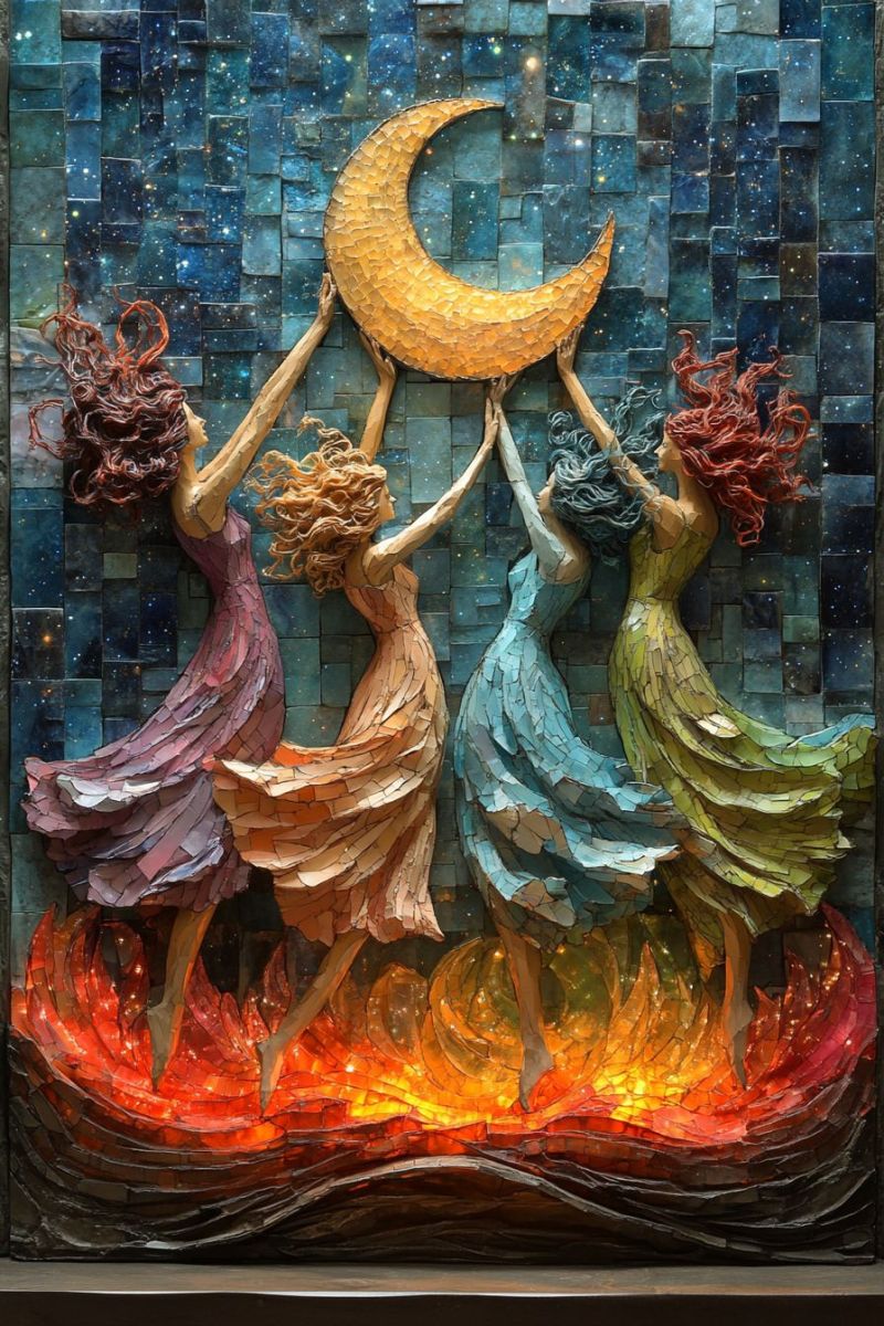 Verre tuiles mosaique colorees groupe trois levant lune fantastique L'oeuvre d'art en vitrail présentant trois figures humaines dans une pose colorée et dynamique. Les figures semblent bouger ou faire preuve de mouvement énergique, ce qui évoque un sentiment de célébration ou de joie. Dans la main du personnage central, il y a une représentation de la lune, ce qui suggère un cadre nocturne. Chaque figure porte des vêtements et des styles de cheveux distincts, ce qui ajoute à la richesse artistique et vibrante de cette pièce. Le fond est texturé dans des tons bleus avec des accents orange et jaune, ce qui pourrait représenter le feu, ce qui complète l'apparence flamboyante des flammes au bas des figures. Il y a une impression subtile d'une corps céleste ressemblant au soleil ou à un autre source lumineuse dans la coin gauche supérieur de l'image. L'ensemble du style évoque une approche mélangée de médium où différentes matières sont utilisées pour créer l'oeuvre finale.