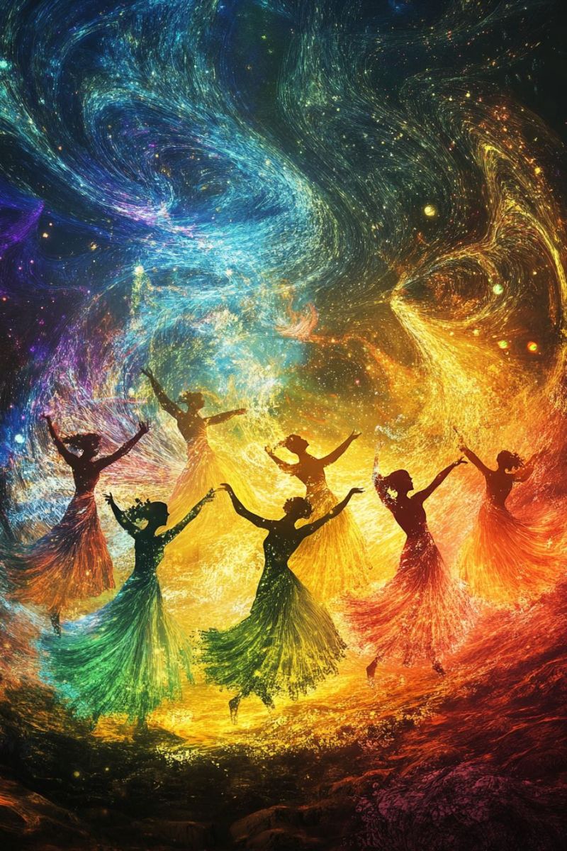 Fete gens celebration joie eclatante festive heureux energie danser ensemble vie esprit alegre vitalite joyeuse amusante salle Scène vibrante et fantaisiste. Il y a cinq figures au centre de l'image, chacun émettant une lumière chaude, comme si elles dansaient ou émettaient la lumière. Elles semblent être entourées d'une énergie tourbillonnante et colorée qui ressemble à un valse en colère de couleurs, créant un atmosphère de joie et de célébration. Le fond est rempli de couleurs dynamiques, principalement dans les nuances de pourpre, bleu et jaune, ce qui contribue à l'ambiance étrange et énergique de l'image. Au premier plan, il semble y avoir une nébuleuse ou un tourbillon cosmique qui renforce encore le vibe magique et fantaisiste de l'oeuvre d'art. Le style de l'image est riche en détails, avec un accent clair sur la couleur et la lumière, évoquant un sentiment de merveille et d'imagination.