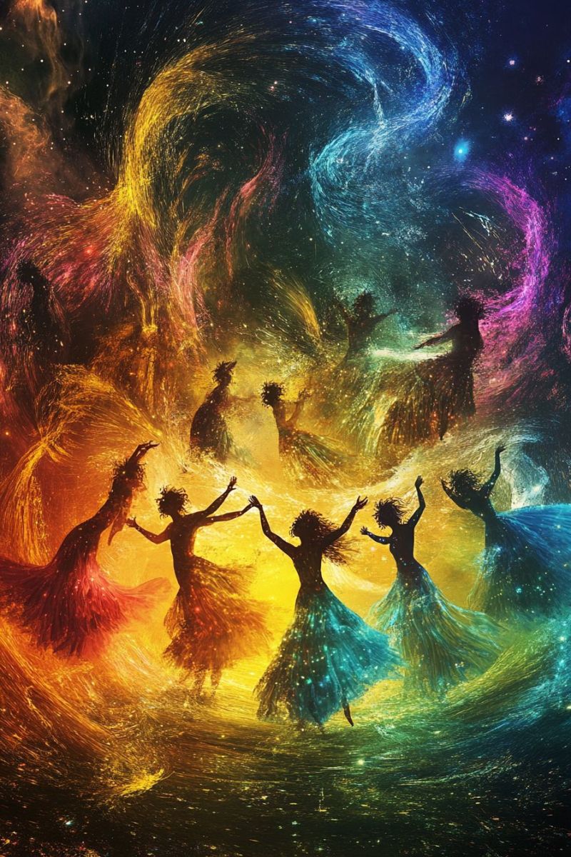 Fete arc ciel vif coloree animateur celebration festival joie divertissement musique interpretes energie foule spirale festive atmosphere societe Ceci est une oeuvre d'art numérique colorée et dynamique qui représente une scène vibrante de danse dans le sein du qu'éapparaît un énergie cosmique en rotation. Le personnage central semble diriger ou interagir avec ses bras étendus, tandis que d'autres danseurs, également engagés dans des mouvements de danse, l'entourent. Le fond est riche et détaillé avec des couches de couleur qui suggèrent de la profondeur et du mouvement. Au premier plan, il y a une sensation de mouvement avec des traîtres de lumière émanant des danseurs, contribuant à l'atmosphère énergique de la scène. Cette oeuvre d'art évoque un sentiment de célébration, de joie et peut-être même de spiritualité ou de connexion au univers.