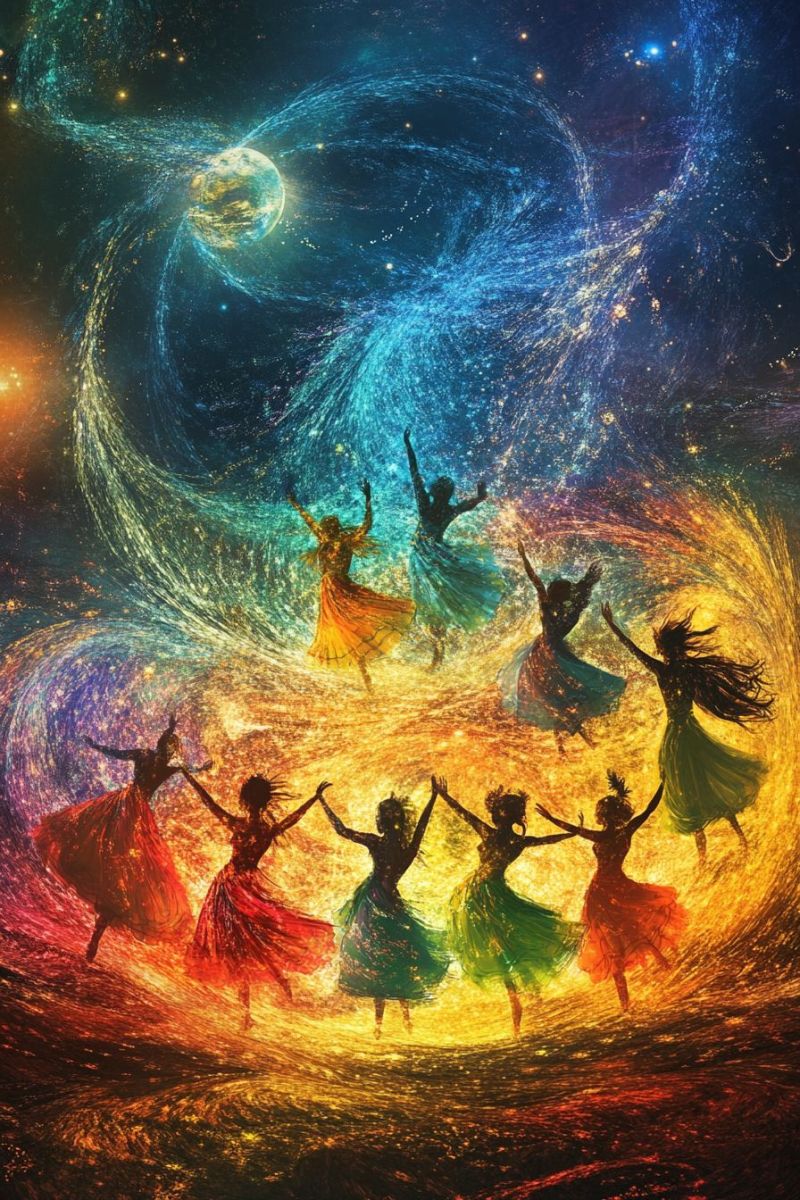 Celeste filles etoilee cosmique danser fantasy musique joie celebration fete etincelles espace galaxies planetes volutes divertissement bonheur energi Une illustration numérique présentant une scène animée de danseurs. Au centre, cinq personnes portent des costumes colorés ; elles semblent effectuer un dansé. Les individus étendent l'une de leurs jambes vers l'avant et restent étendus pour le haut, indiquant du mouvement et de la joie. Elles semblent être au milieu d'un spectacle animé, probablement avec de la musique jouant, comme suggéré par la présence de ondes sonores autour d'elles. Le fond est riche et texturé, ce qui ressemble à une énergie cosmique ou magique émanant des danseurs, créant un modèle dynamique et en mouvement pour contraste avec le sol solide sous leurs pieds. Les couleurs de l'illustration sont vives et dominent principalement les tons chauds, avec des nuances de jaune, orange, rouge et pourpre qui dominent la scène. Au-dessus des danseurs, un ciel immense est rempli de étoiles et une lumière céleste brillante pouvant être un planète ou une lune. Les éléments cosmiques suggèrent une qualité de rêve ou de fantaisie à l'image. L'impression générale de l'image est celle d'une fête, d'énergie et de lien entre l'humanité et l'univers. Le style de l'oeuvre d'art est fortement stylisé avec un accent sur la couleur et le mouvement, lui donnant un sentiment presque magique et otherworldly.