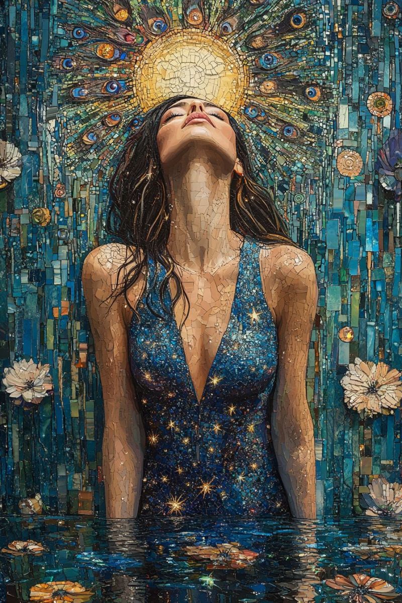 Trippy mosaic woman blue dress stars peacock accurate picture amazing demonstrating the mischiefs wild of human activities on la trippy mosaic woman blue dress stars peacock