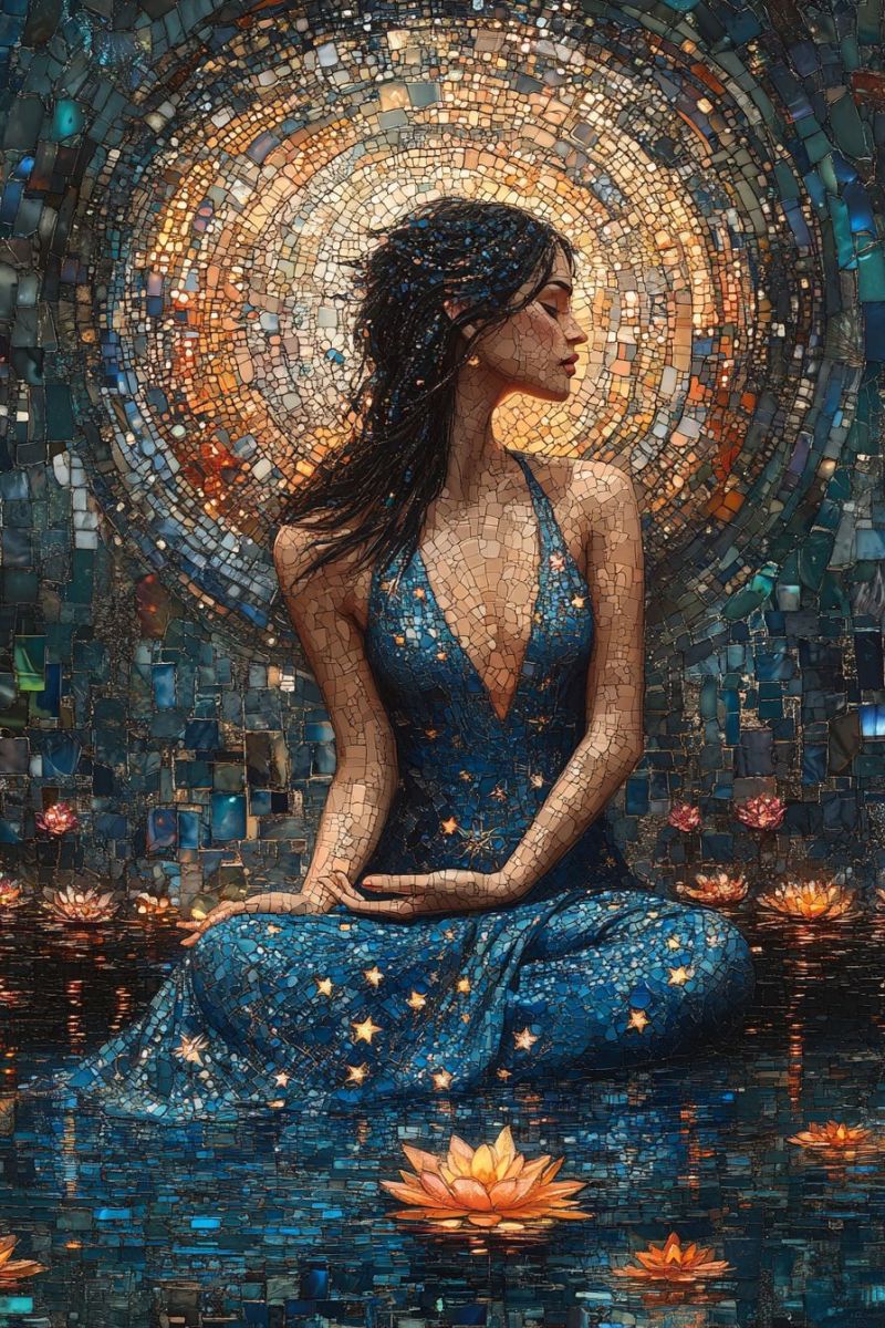 Trippy mosaic woman blue dress stars peacock accurate picture amazing demonstrating the mischiefs wild of human activities on la trippy mosaic woman blue dress stars peacock