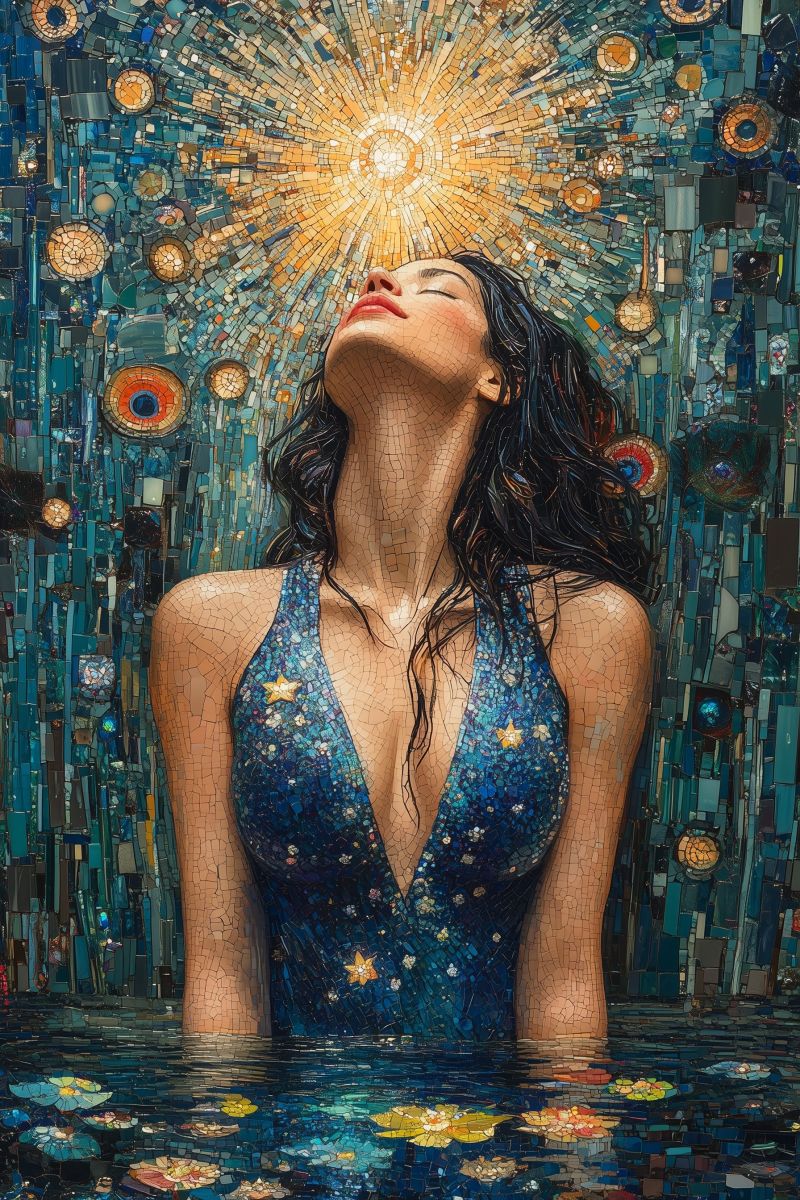 Trippy mosaic woman blue dress stars peacock accurate picture amazing demonstrating the mischiefs wild of human activities on la trippy mosaic woman blue dress stars peacock