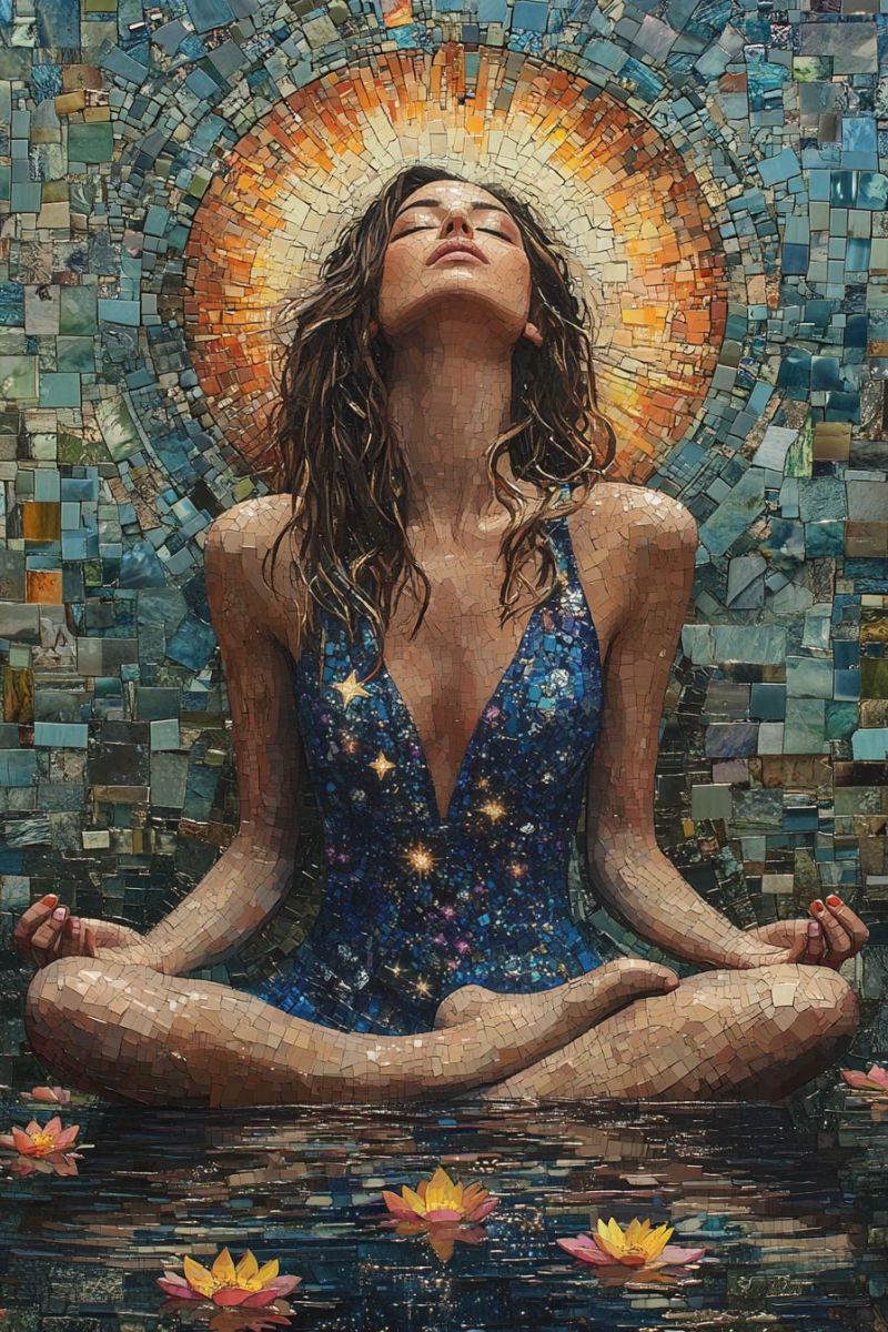 Trippy mosaic woman blue dress stars meditating accurate picture amazing demonstrating the mischiefs wild of human activities on la trippy mosaic woman blue dress stars meditating