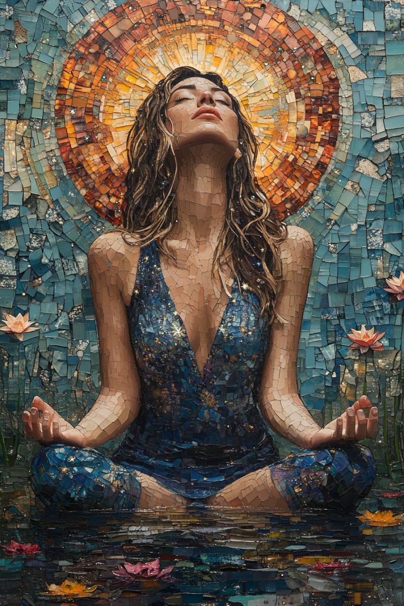 Trippy mosaic woman blue dress stars meditating accurate picture amazing demonstrating the mischiefs wild of human activities on la trippy mosaic woman blue dress stars meditating