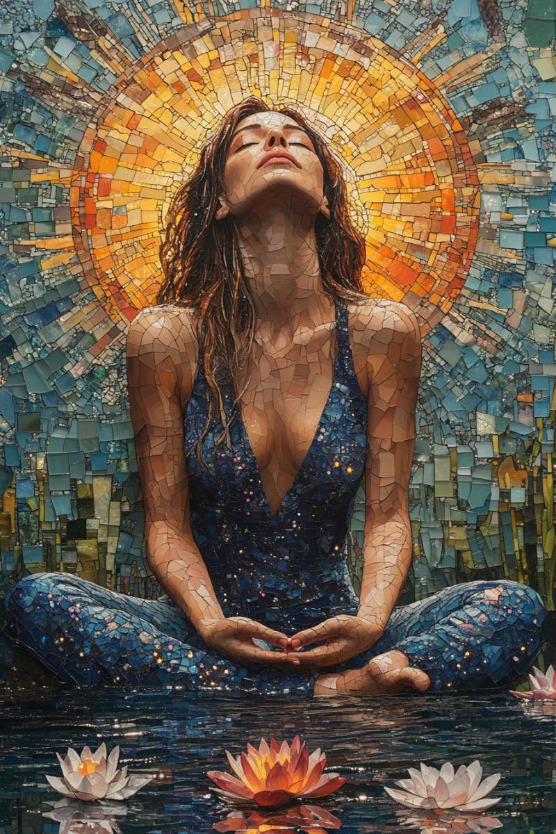 Trippy mosaic woman blue dress stars meditating accurate picture amazing demonstrating the mischiefs wild of human activities on la trippy mosaic woman blue dress stars meditating