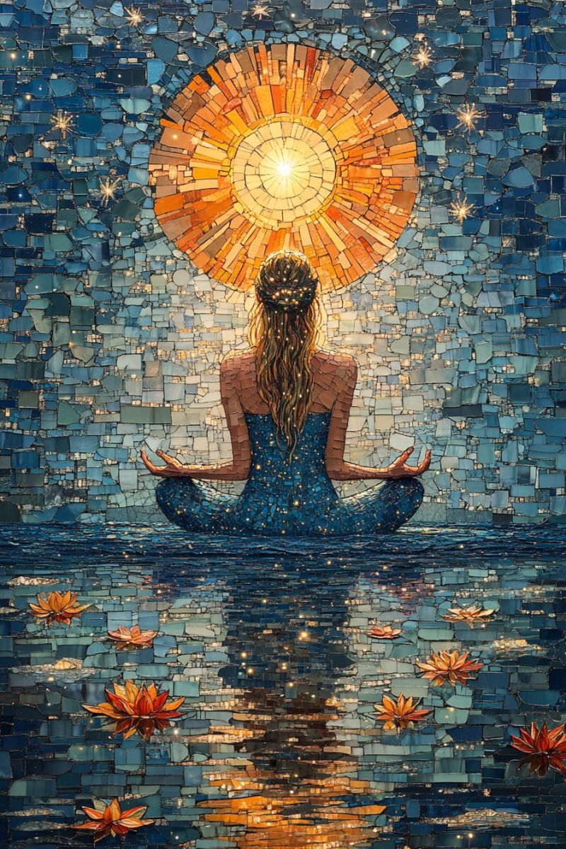 Trippy mosaic woman blue dress stars meditating accurate picture amazing demonstrating the mischiefs wild of human activities on la trippy mosaic woman blue dress stars meditating