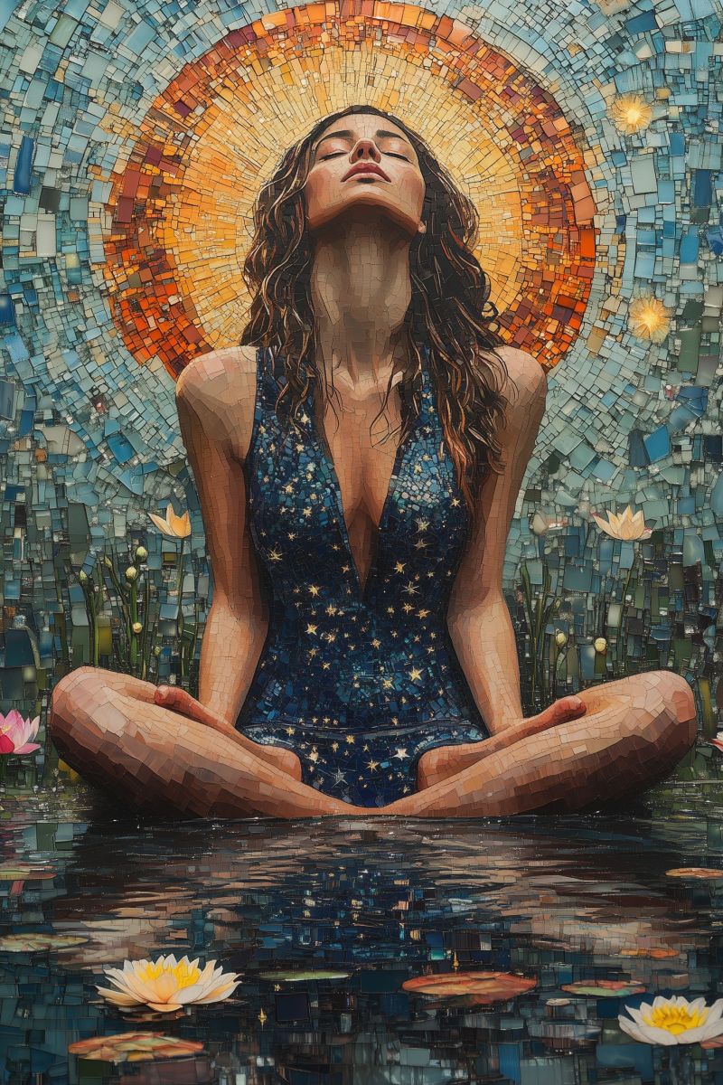 Trippy mosaic woman blue dress stars meditating accurate picture amazing demonstrating the mischiefs wild of human activities on la trippy mosaic woman blue dress stars meditating