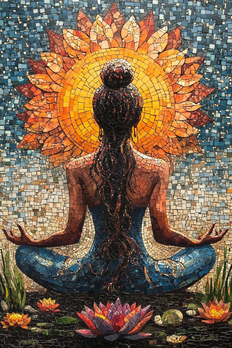 Trippy mosaic woman meditating buddha pose backwards h accurate picture amazing demonstrating the mischiefs wild of human activities on la trippy mosaic woman meditating buddha pose backwards h