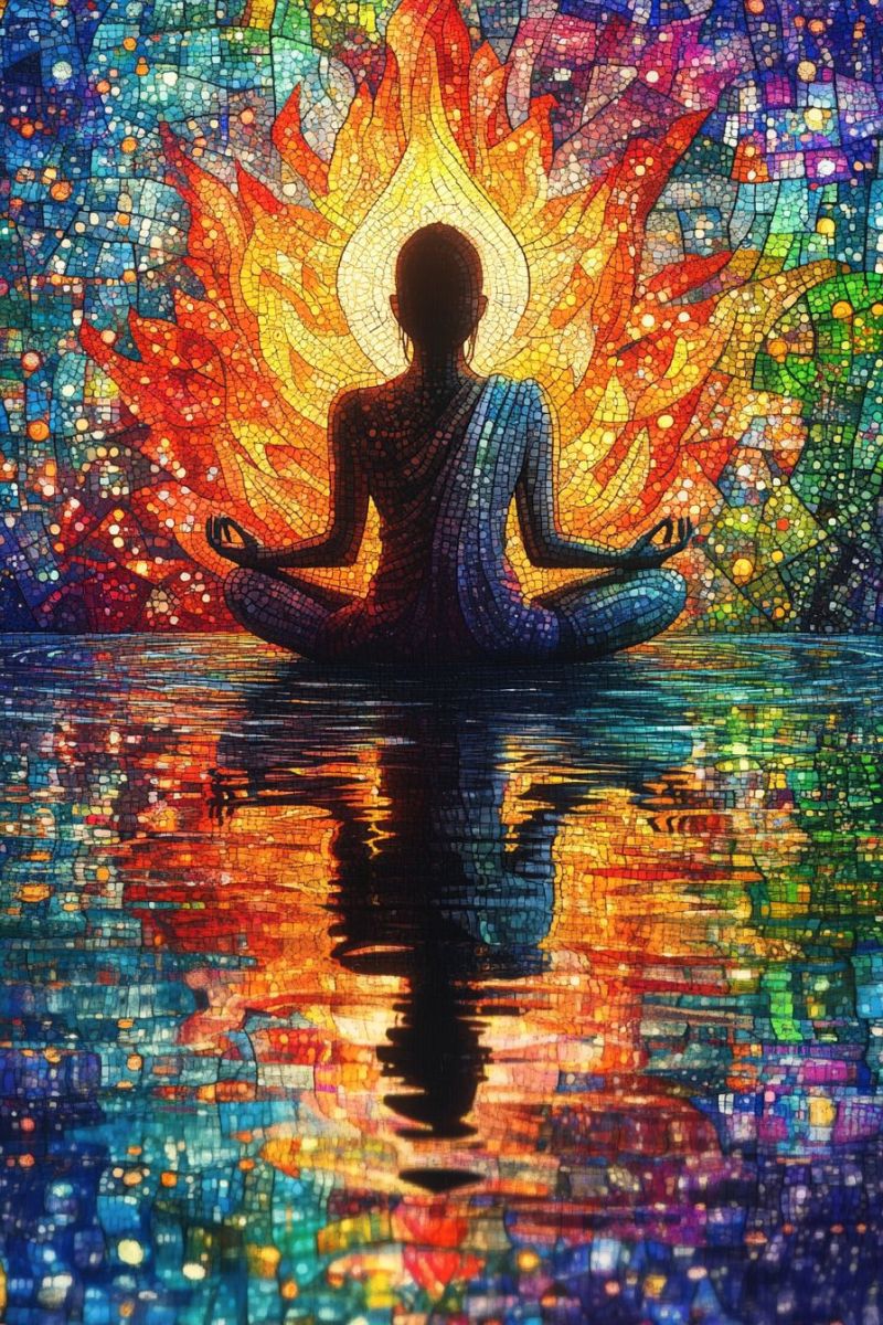 Trippy mosaic woman meditating buddha pose backwards accurate picture amazing demonstrating the mischiefs wild of human activities on la trippy mosaic woman meditating buddha pose backwards