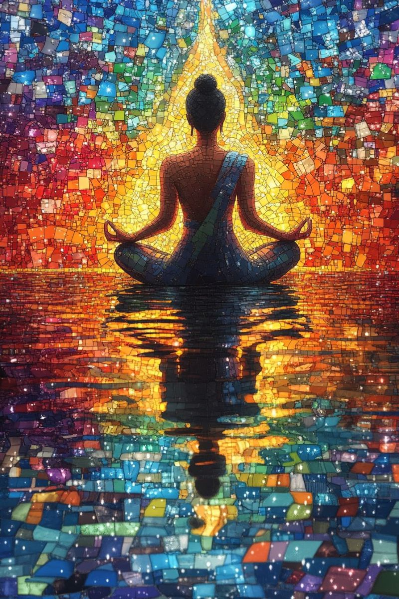 Trippy mosaic woman meditating buddha pose backwards r accurate picture amazing demonstrating the mischiefs wild of human activities on la trippy mosaic woman meditating buddha pose backwards r