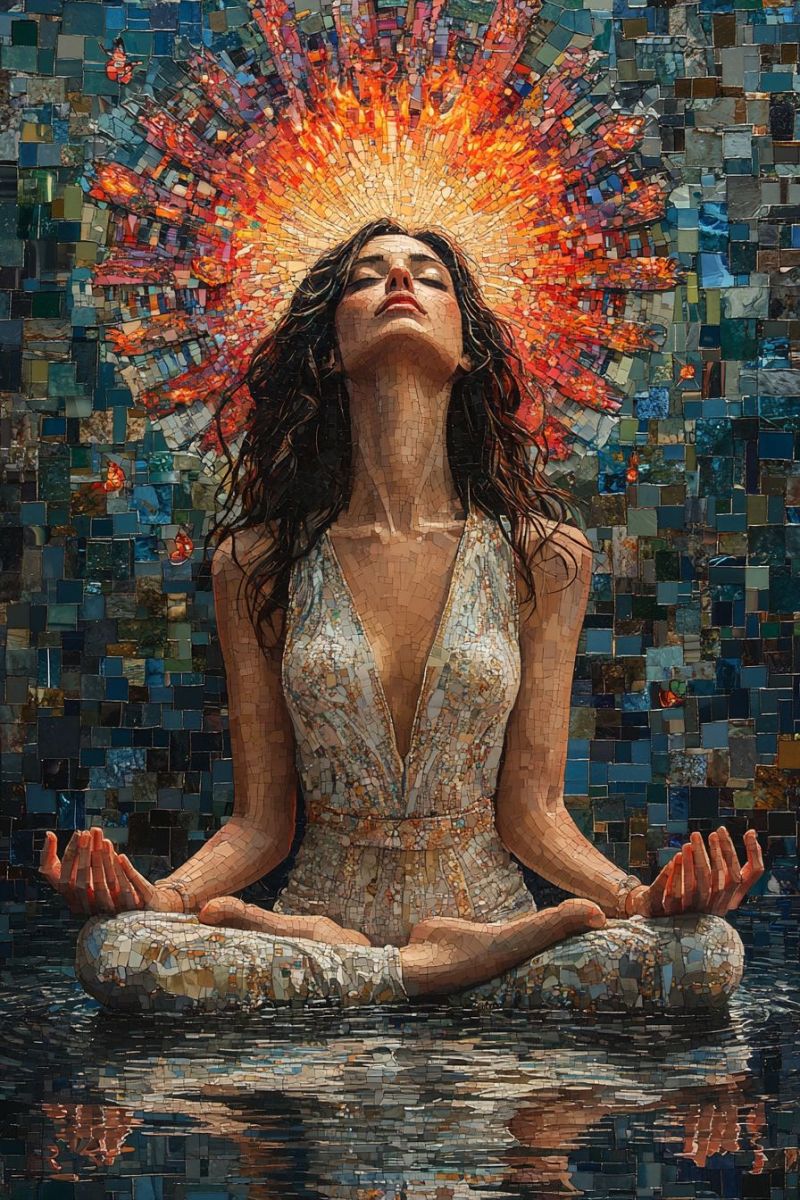 Trippy mosaic woman meditating buddha pose backwards r accurate picture amazing demonstrating the mischiefs wild of human activities on la trippy mosaic woman meditating buddha pose backwards r