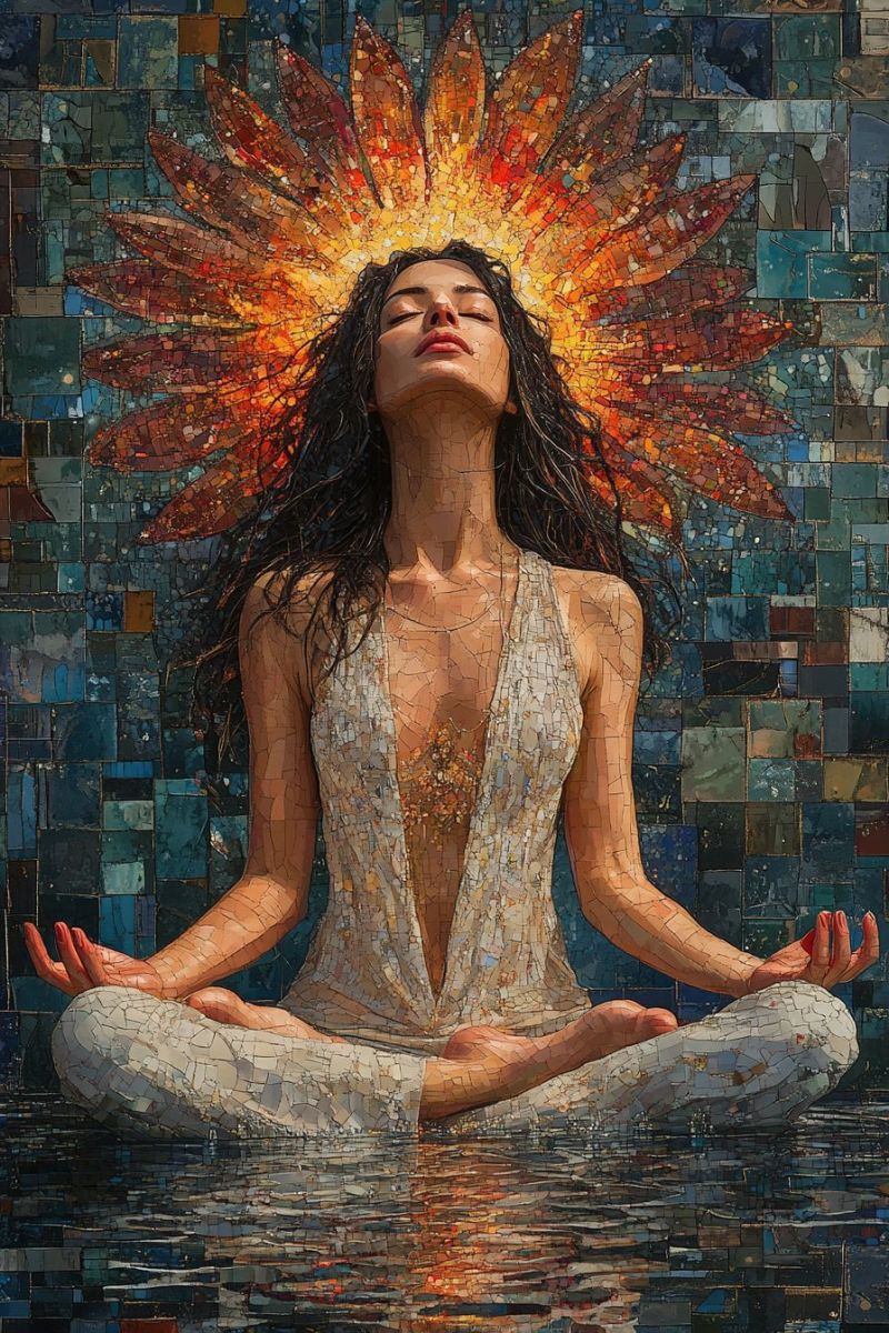 Trippy mosaic woman meditating buddha pose backwards r accurate picture amazing demonstrating the mischiefs wild of human activities on la trippy mosaic woman meditating buddha pose backwards r