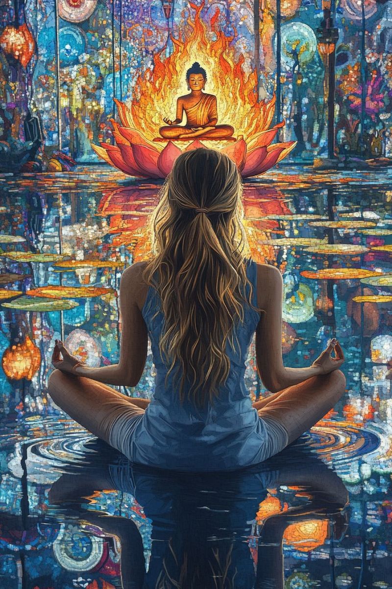 Trippy mosaic woman meditating buddha pose backwards r accurate picture amazing demonstrating the mischiefs wild of human activities on la trippy mosaic woman meditating buddha pose backwards r