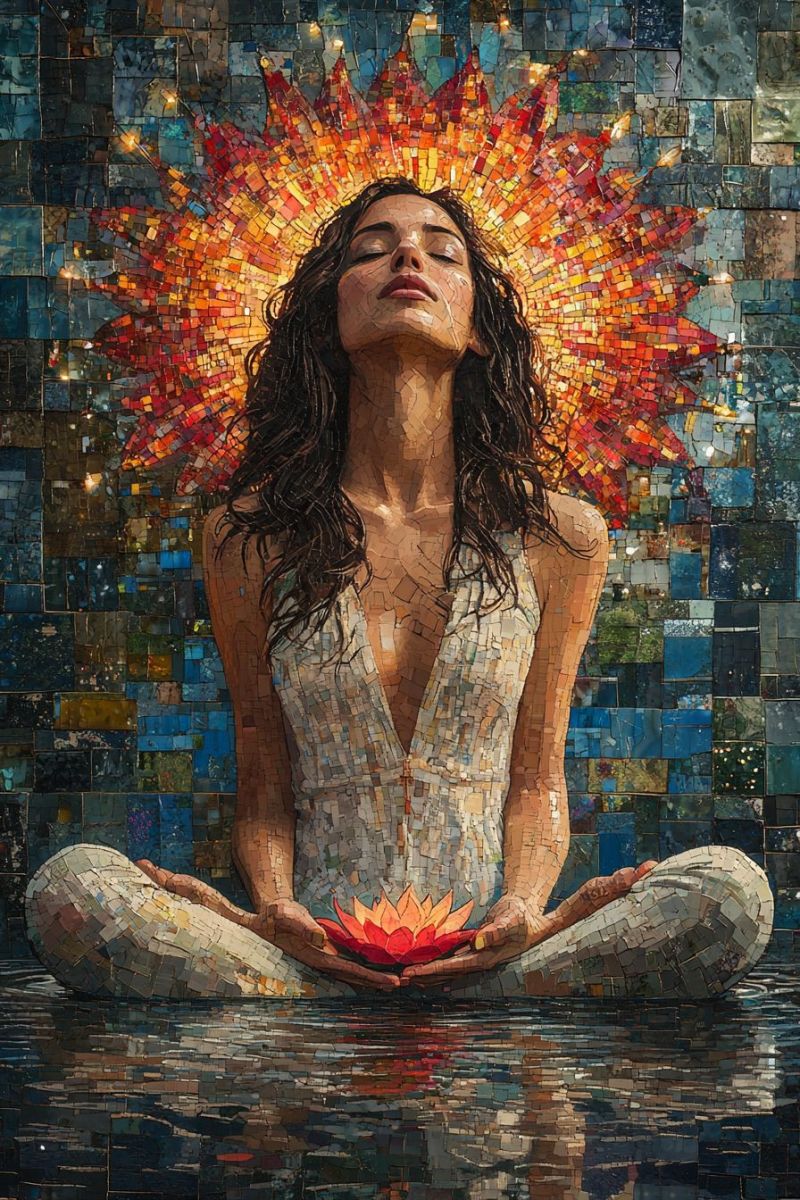 Trippy mosaic woman meditating buddha pose backwards r accurate picture amazing demonstrating the mischiefs wild of human activities on la trippy mosaic woman meditating buddha pose backwards r