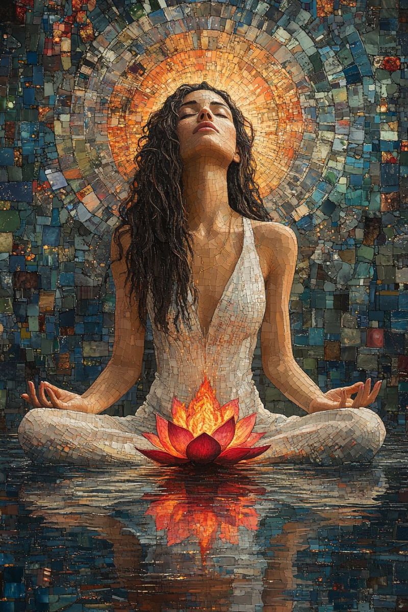 Trippy mosaic woman meditating buddha pose backwards r accurate picture amazing demonstrating the mischiefs wild of human activities on la trippy mosaic woman meditating buddha pose backwards r