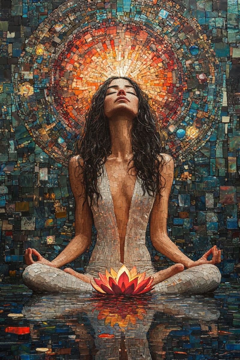 Trippy mosaic woman meditating buddha pose backwards r accurate picture amazing demonstrating the mischiefs wild of human activities on la trippy mosaic woman meditating buddha pose backwards r