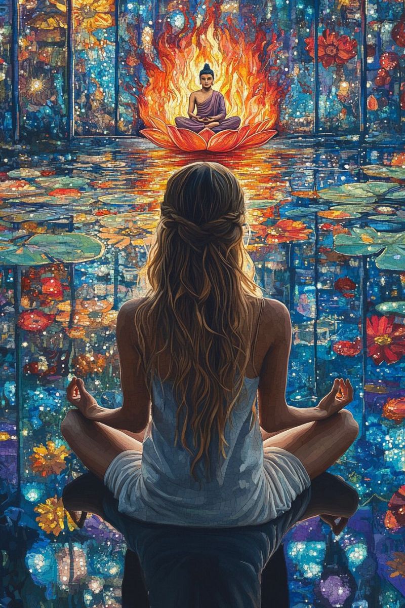 Trippy mosaic woman meditating buddha pose backwards r accurate picture amazing demonstrating the mischiefs wild of human activities on la trippy mosaic woman meditating buddha pose backwards r