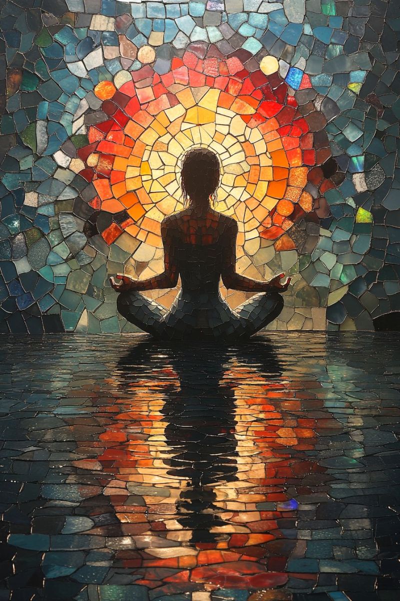 Trippy mosaic woman meditating buddha pose backwards accurate picture amazing demonstrating the mischiefs wild of human activities on la trippy mosaic woman meditating buddha pose backwards