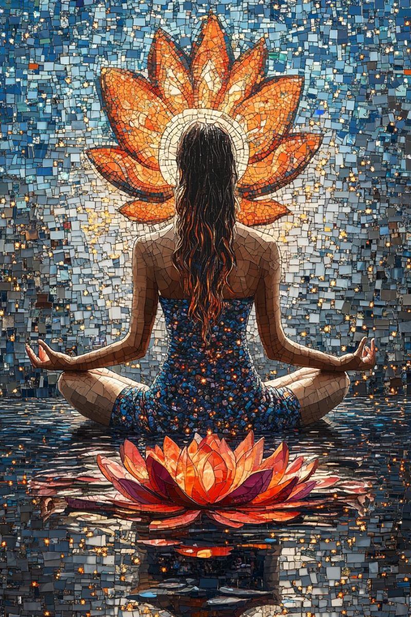 Trippy mosaic woman meditating buddha pose backwards w accurate picture amazing demonstrating the mischiefs wild of human activities on la trippy mosaic woman meditating buddha pose backwards w