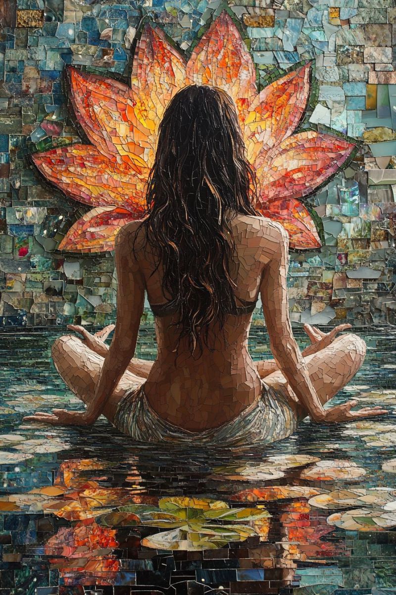 Trippy mosaic woman meditating buddha pose backwards w accurate picture amazing demonstrating the mischiefs wild of human activities on la trippy mosaic woman meditating buddha pose backwards w