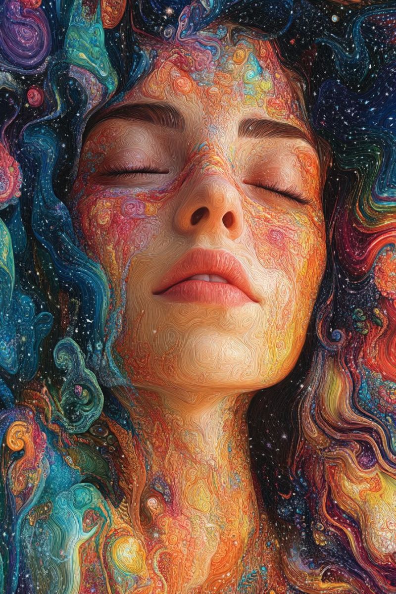 Trippy mozaic woman weaving dreams colorful wavy accurate picture amazing demonstrating the mischiefs wild of human activities on la trippy mozaic woman weaving dreams colorful wavy