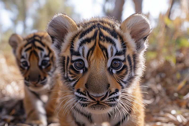 Two baby tigers mother looking camera image accurate picture amazing demonstrating the mischiefs wild of human activities on la two baby tigers mother looking camera