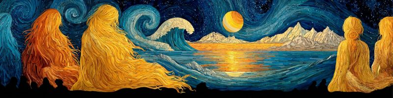 Nuit ciel etoiles lune ocean vagues montagnes eau reflet imagination Scène sereine avec quatre figures au premier plan, le dos tourné vers le spectateur. Les figures ont de longs cheveux fluides qui semblent être de couleur dorée et orangée. Elles sont assises en rangée, face à l'océan. L'océan est calme, avec un reflet du soleil couchant qui projette des teintes chaudes et dorées sur l'eau. En arrière-plan, il y a une grande vague, et au-delà, un paysage montagneux avec des pics enneigés. Le ciel est d'un bleu profond, parsemé d'étoiles, et il y a une grande lune brillante dans le ciel, ajoutant à l'atmosphère tranquille. Le style global de la peinture rappelle une nuit étoilée, avec des motifs tourbillonnants dans le ciel.
