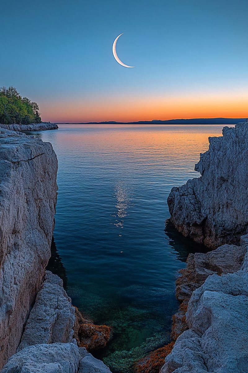 Coucher soleil crescentie lune rivage rocheux horizonte oceanique arbre isole soir calme paisible ciel point jour falaise cotiere solitude beau Coucher soleil crescentie lune rivage rocheux horizonte oceanique arbre isole soir calme paisible ciel point jour falaise cotiere solitude beau