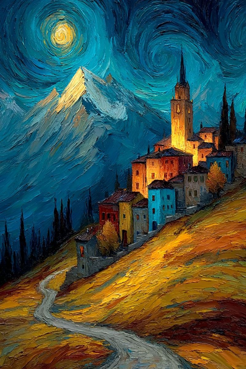 Montagne village ciel nuit etoile ville route colline batiment maison architecture soleil coucher La peinture représente un village serein niché dans un paysage montagneux sous un ciel de nuit vibrant. Le village est composé de plusieurs bâtiments avec des lumières chaudes et dorées émanant des fenêtres, suggérant qu'il est nuit. L'architecture varie, avec certains bâtiments ayant des toits rouges et d'autres bleus, ajoutant une touche de couleur à la scène. Au premier plan, un chemin sinueux mène en haut de la colline, entouré de teintes dorées et brunes du paysage automnal. Le ciel est d'un bleu profond, avec des motifs tourbillonnants autour d'une lune jaune brillante qui illumine la scène. Au fond, un majestueux sommet montagneux s'élève, sa silhouette contrastant avec le ciel lumineux. L'atmosphère générale est paisible et enchanteresse, avec le village baigné dans la douce lueur de la nuit.