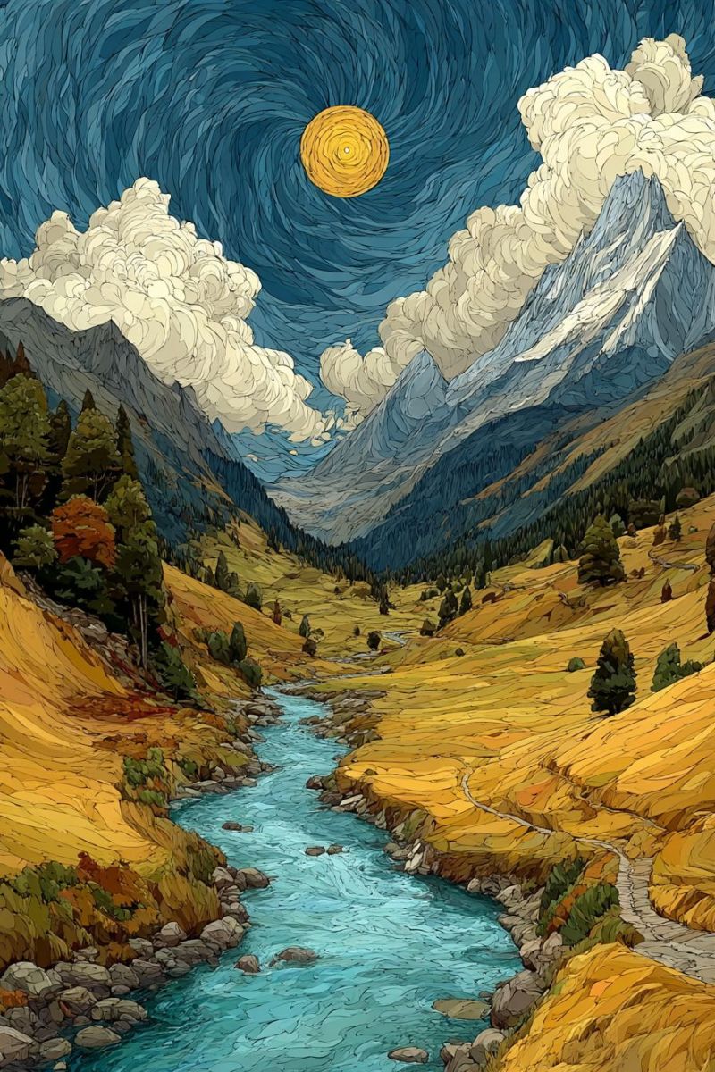 Montagnes riviere ciel nuages soleil arbres collines eau nature air vallee rochers chemin foret Paysage serein sous un ciel nocturne. Une rivière coule doucement à travers une vallée, entourée de terrain rocheux et de parcelles d'herbe. La rivière est d'un bleu profond, reflétant le ciel nocturne. Sur le côté gauche, la vallée s'incline vers le haut avec des arbres et des arbustes, passant à une région montagneuse. Les montagnes sont couvertes d'une mixture de teintes vertes et brunes, indiquant un mélange de végétation et de zones rocheuses. Le ciel est d'un bleu profond, avec des motifs tourbillonnants qui suggèrent un ciel nocturne. Un grand soleil jaune vif est représenté dans le ciel, ajoutant une touche surréaliste à la scène. L'atmosphère générale est calme et paisible, avec une pointe de mystère due à la représentation inhabituelle du soleil la nuit.