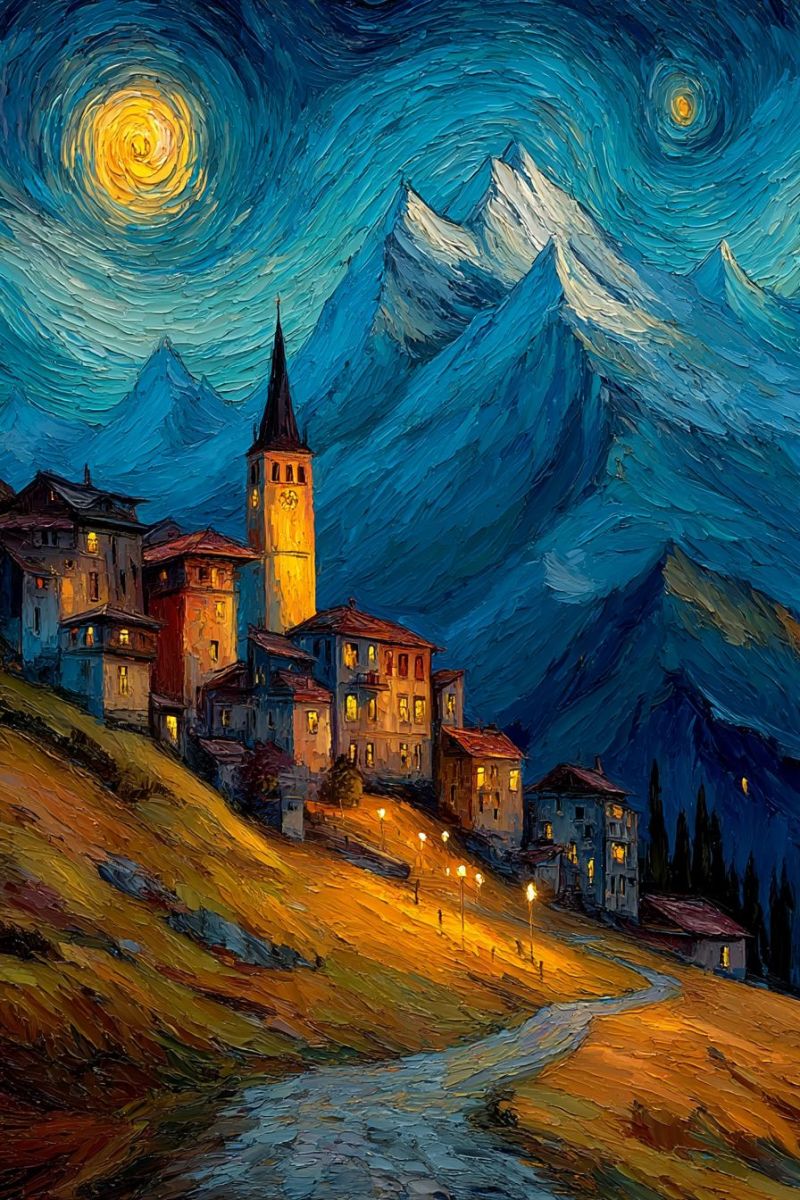 Montagne nuit ciel etoile ville village batiment route architecture reverbere colline soleil fenetre lueur chaine horloge tour La peinture représente un village serein niché au pied des montagnes majestueuses sous un ciel nocturne étoilé. Le village est composé de plusieurs bâtiments aux fenêtres chaudes et lumineuses, suggérant des intérieurs douillets. Une tour proéminente avec une horloge se démarque au centre, entourée de maisons plus petites. Le chemin menant au village est bordé de lampadaires, projetant une douce lumière. Les montagnes en arrière-plan sont couvertes de neige, avec des pics s'élevant haut dans le ciel. Le ciel lui-même est d'un bleu profond, avec un soleil jaune brillant et une plus petite lune jaune, tous deux entourés de motifs tourbillonnants, ajoutant une touche de fantaisie à la scène.