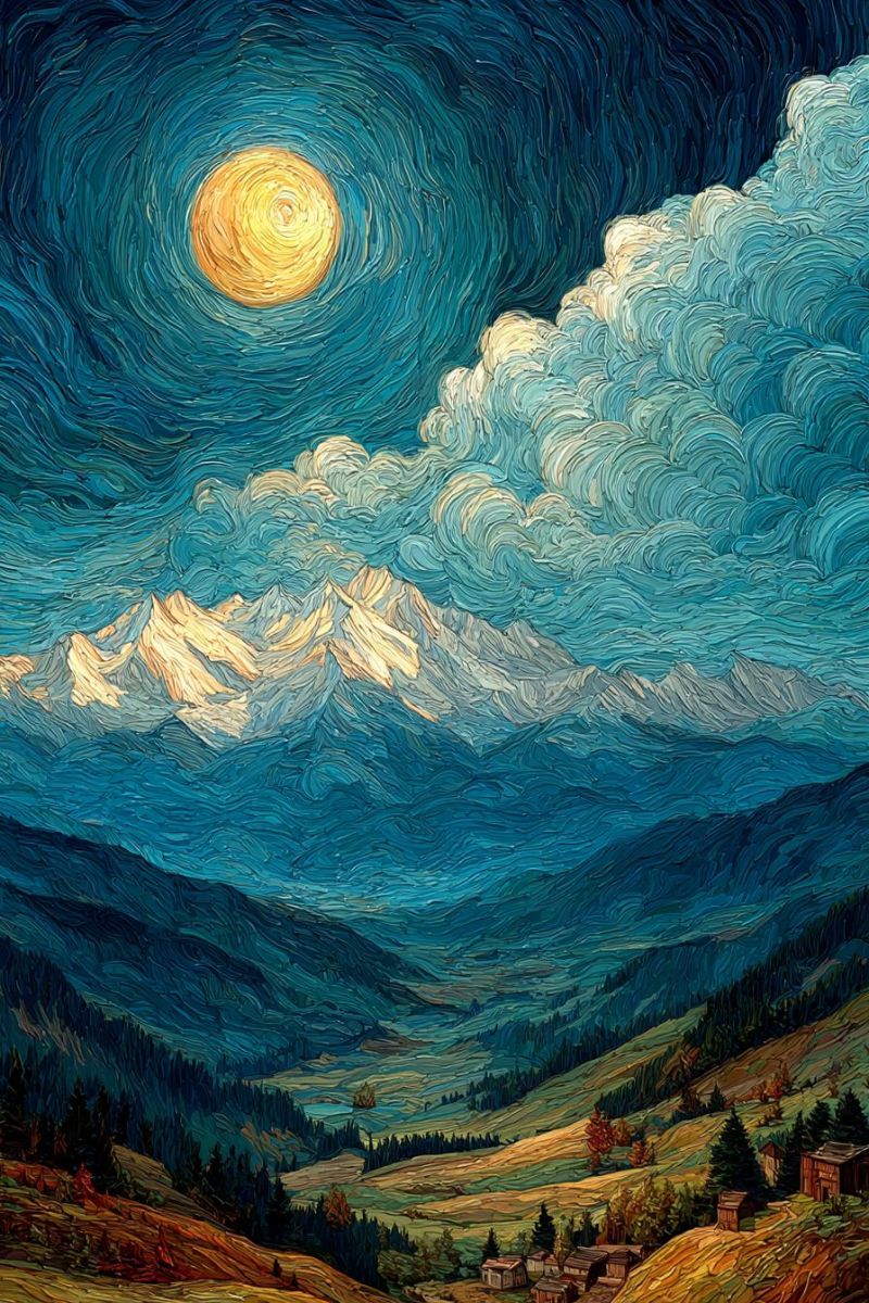 Montagnes nuit ciel nuages lune nature vallee arbres collines foret maisons village campagne neige reflet coups pinceau impressionnisme La peinture représente un paysage nocturne serein sous un plein soleil. Le ciel est d'un bleu profond, avec des nuages tourbillonnants peints dans des nuances de bleu et de blanc, créant un effet dynamique et texturé. La lune est grande et brillante, projetant une douce lueur sur la scène. Sous le ciel, une chaîne de montagnes enneigées s'étend à l'horizon, leurs sommets illuminés par la lumière de la lune. Les montagnes sont entourées d'une vallée remplie de verdure luxuriante, comprenant des arbres et des arbustes dans diverses nuances de vert, jaune et rouge. Au premier plan, quelques petites maisons sont nichées parmi les arbres, ajoutant une touche de présence humaine au cadre naturel. L'ambiance générale de la peinture est tranquille et pittoresque, capturant la beauté d'une nuit sous les étoiles.