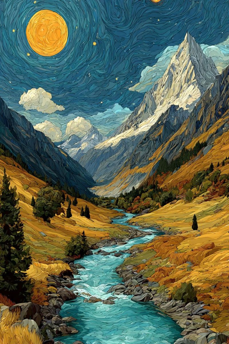 Riviere nuit ciel etoiles lune arbres collines nature eau rochers nuages vallee foret herbe montagne chaine Paysage montagneux serein sous un ciel nocturne étoilé. Une grande lune jaune éclatante domine le ciel, entourée de nuages bleus tourbillonnants et d'étoiles scintillantes. Les montagnes sont escarpées et majestueuses, avec des pics enneigés et des pentes raides. Une rivière coule doucement à travers la vallée, son eau d'un bleu profond reflétant la lumière de la lune. La vallée est ornée de graminées dorées et parsemée d'arbres, dont certains sont persistants. La scène générale est tranquille et pittoresque, avec un sentiment de vastitude et de beauté naturelle.