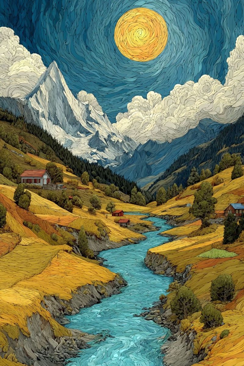 Montagne riviere maison soleil nuage ciel eau colline arbre vallee nuit nature Paysage serein sous un ciel de nuit vibrant. Une grande pleine lune éclatante domine le ciel, entourée de nuages tourbillonnants qui donnent au ciel un aspect dynamique, presque abstrait. Sous la lune, une majestueuse chaîne de montagnes s'étend à l'horizon, ses sommets poudrés de neige. La vallée en contrebas est luxuriante et verte, avec une rivière sinueuse qui la traverse, reflétant la lumière de la lune. Sur le côté gauche de la vallée, il y a quelques petites maisons rustiques nichées parmi les arbres, leurs toits brillant doucement sous la lumière de la lune. La scène globale est paisible et pittoresque, avec un sentiment de tranquillité et de beauté naturelle.