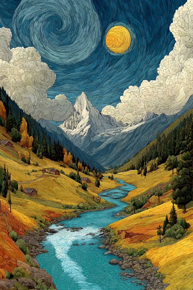 Montagne riviere ciel nuage eau colline foret soleil nature vallee maison arbre rocher automne nuit chaine Paysage montagneux serein sous un ciel nocturne. Le ciel est d'un bleu profond avec des nuages tourbillonnants, et une lune jaune brillante est bien visible, projetant une douce lueur. Les montagnes sont majestueuses, avec des sommets enneigés et des pentes verdoyantes. Une rivière coule doucement à travers la vallée, son eau d'un bleu clair. La vallée est parsemée de petites maisons rustiques et d'arbres, dont certains ont des feuilles jaunes et orange, indiquant l'automne. La scène globale est paisible et pittoresque, avec un sentiment de tranquillité et de beauté naturelle.