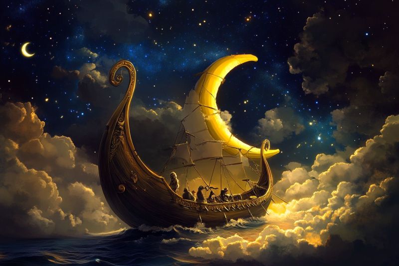 Fantaisie bateau navire lune nuage ciel etoiles soir celeste aventure mythique voyage ocean calme tranquillite solitude serenite beaute Une scène nocturne paisible, enregistrant une ancienne, rustique forteresse en bois recouverte de multiples tours et spires. La forteresse se tient en vue sur la rive d'un lac ou d'une rivière, reflétant ses détails dans l'eau calme. Au-dessus, le ciel est rempli de étoiles, ce qui suggère soit une soirée tardive, soit une matinée precoce. Le paysage est marqué par des feuilles vertes luxuriantes, avec des montagnes en arrière-plan majestueuses sous un croissant de lune. À côté droit de l'image, il y a des arbres dont les feuilles sont éclairés par une lumière artificielle. L'atmosphère générale de l'image transmet un sentiment de calme et de beauté éternelle.