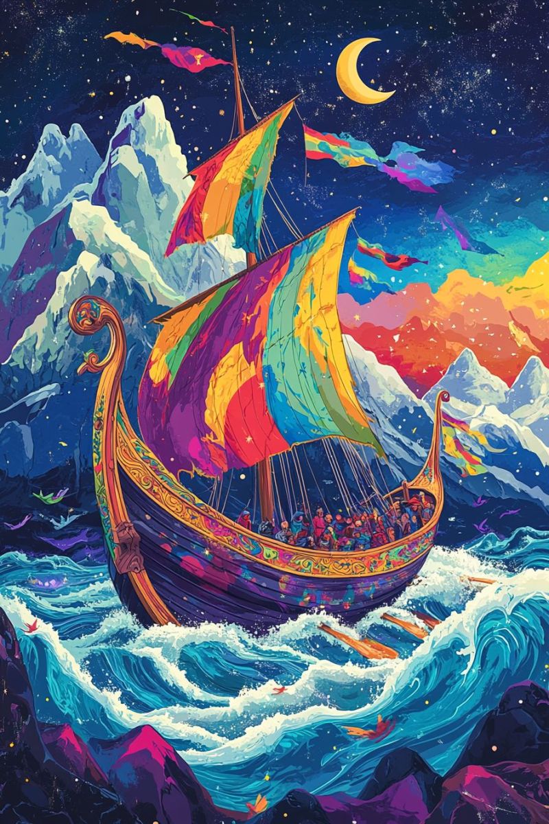 Navire voile bateau drague viking ocean vague lune ciel nocturne etoiles montagnes fantasy arc coloree Scène nocturne pittoresque avec une cascade : la cascade est en pleine eau, avec l'eau qui se déverse depuis un point élevé et s'écoule dans ce qu'apparaît être une piscine calme au-dessous. Le paysage environnant est rugueux et foresté, avec des arbres hautes qui atteignent vers le ciel. Les couleurs de l'image suggèrent que cela pourrait être la fin de l'après-midi ou le début du soir en raison de la chaleur du lumière sur l'horizon. La partie avant montre un valée pluvieuse, ce qui suggère la présence de nuages bas ou de brume. Il n'y a aucune texte visible dans l'image.