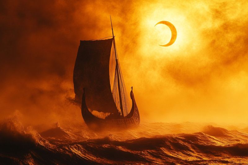 Coucher soleil bateau voile horizon ciel nuageux lune ocean nuages mer croissant Scène se déroulant sur un vaste corps d'eau, probablement l'océan. Au devant, une petite bateau en bois apparaît en mouvement sur des vagues rugueuses. La lumière du soleil est partiellement cachée par ce qui ressemble à des nuages ou de la fumée, lui donnant un ton orange et projetant des ombres dramatiques. Au fond, le croissant de lune est visible, partiellement enterré sous l'horizon. Au-dessus du croissant de lune, il y a une formation de nuages qui ressemblent à un visage, renforçant encore l'ambiance surnaturelle de l'image. L'état d'esprit global de l'image est celui de mystère et de beauté, avec les éléments naturels dominants la scène.