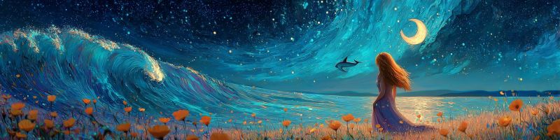 Nuit ocean vague fleur fille dauphin lune ciel etoile eau reve fantaisie mer Une femme aux cheveux longs se tient sur un champ d'herbe rempli de fleurs orange, regardant vers l'horizon. Le ciel au-dessus est d'un bleu profond, parsemé d'étoiles et d'une lune croissante. Une grande vague se brise vers le rivage, éclairée par la lumière de la lune. Un dauphin saute gracieusement hors de l'eau, ajoutant un sentiment de mouvement et de vie à la scène. L'arrière-plan présente un paysage serein avec des collines lointaines sous un ciel de nuit clair.